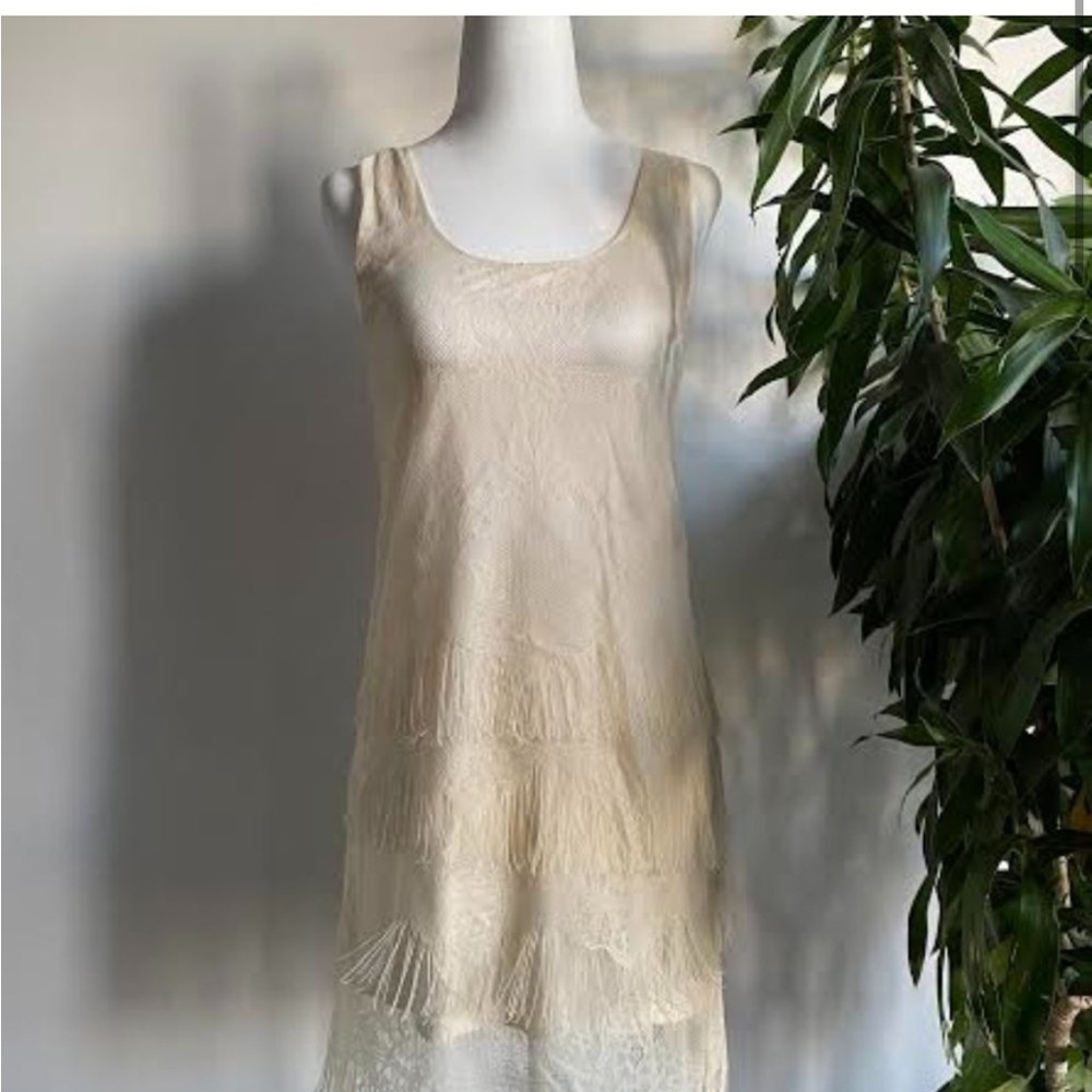 Lush lace dress with layered fringe.